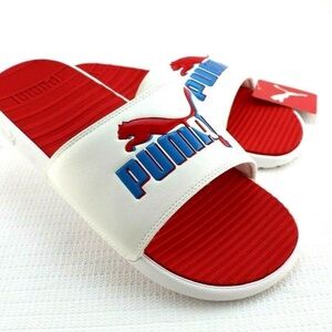 NWT PUMA Cool Cat Leap Size 8 White / Red / Blue Logo Slide Sandals
